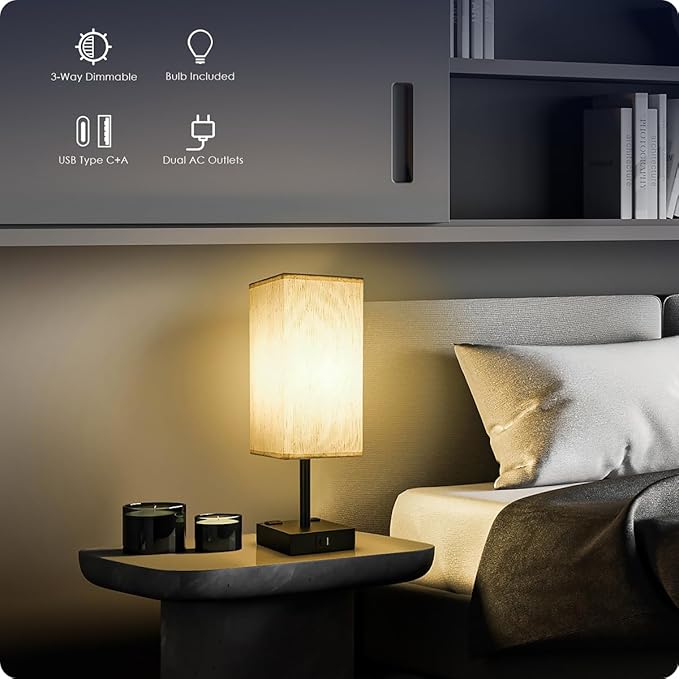 Soilsiu Bedside Table Lamps Set of 2 - Touch Nightstand Lamp for Bedroom with USB C+A Charging Ports & AC Outlets, 3-Way Dimmable Desk Lamp Flaxen Fabric Shade for Living Room Office(Bulb Included)