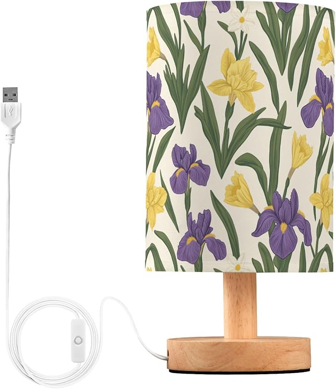 Purple Irises Yellow Daffodils Retro Floral Bedside Table Lamps with USB Port for Bedroom Lamp Small Nightstand Lamp Sturdy Linen Shade Wooden Decorative Lamps for Nursery Kids Reading Dorm Home