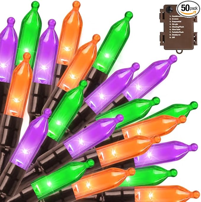 LAMPHOME 50 LED Outdoor Halloween Lights, 16 FT Mini String Light with 9 Modes & 6 Hour Timer, Waterproof Battery Operated for Indoor Outdoor Patio Garden Party Tree Decoration, Orange Purple Green