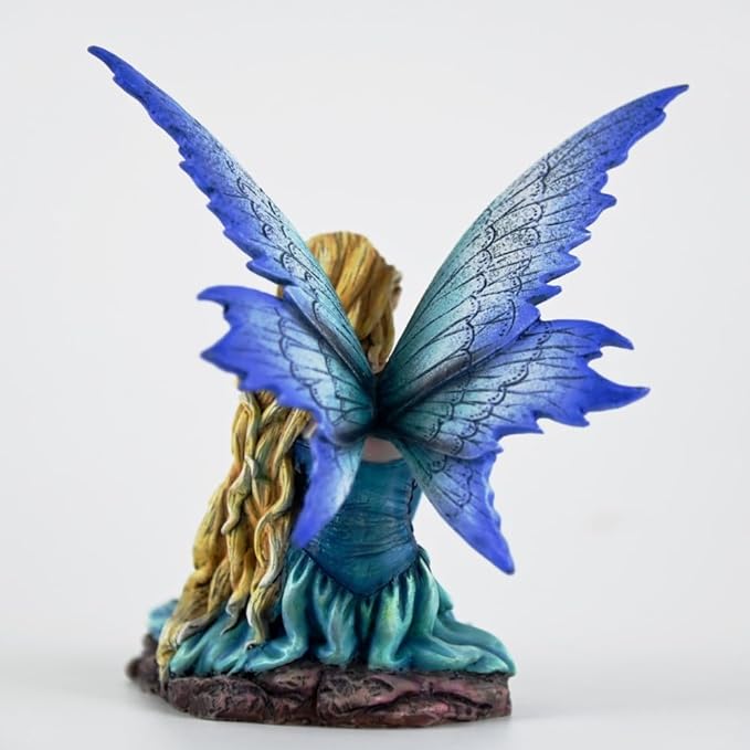 Fantasy Reading Fairy Figurine - Blue Gradient Wings Elf Statue with Book, Cozy Resin Decor for Desk, Study & Fairy Garden (15.5cm)