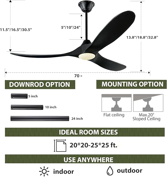 70 Inch Outdoor Large Ceiling Fan with Light, Wood Smart Ceiling Fan with Remote App Alexa Wifi Control, Modern Farmhouse Black High Cfm Propeller Dc Ceiling Fans for Indoor/Exterior Patios