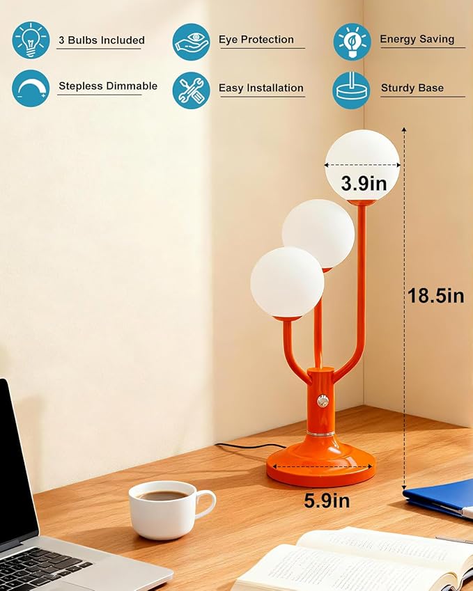 Lightdot Modern Orange Table Lamp for Bedroom, Mid Century Desk Lamp with Globe Lampshade 3000K Warmwhite Dimmable Nightstand Lamp for Living Room Bedside End Table(G9 Bulb Included)