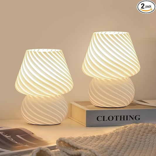 ONEWISH Mushroom Lamps Set of 2 - Small Bedside Table Lamp with Striped Glass, Nightstand Lamp for Bedroom, Living Room, Bulb Included(White)