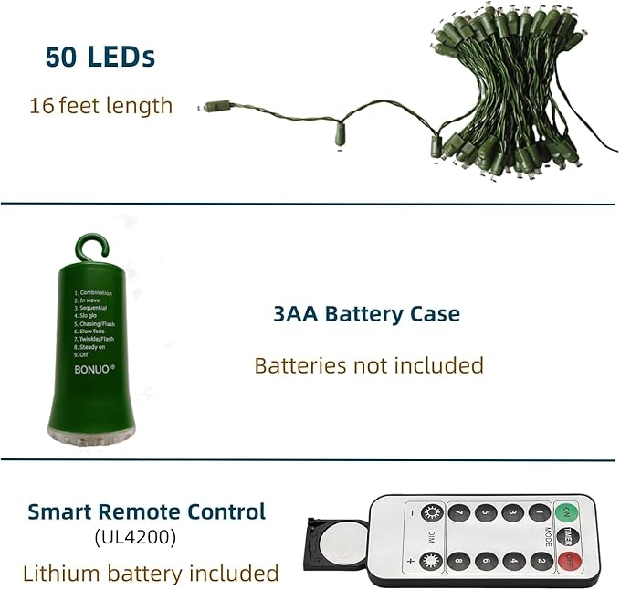 Battery Operated Christmas Lights, 16FT 50 LED 5mm Wide Angle String Lights with Remote Timer 8 Modes Waterproof for Indoor Outdoor Tree Garden Wreath Xmas Decor (Warm White)