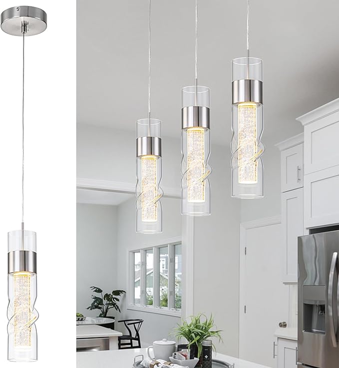 WILON Led Kitchen Ceiling Light, 24W Crystal Hanging Lights with Threaded Clear Glass, Adjustable Modern Led Kitchen Light Fixtures Pendant Light for Dining Room Bedroom(3 Pack)