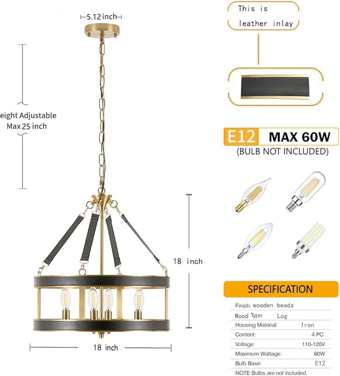 Farmhouse Ceiling Chandelier,18 Inch Antique bronze aluminum black leather belt trim Modern Rustic Hanging Pendant Ceiling Light Fixture for Living room, Dining room, Bedroom, Kitchen（4 Light）