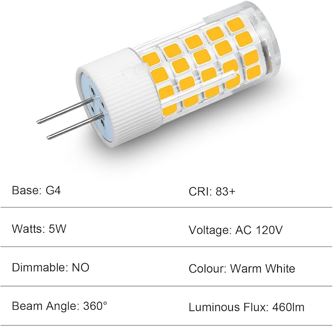 G4 LED Bulbs 120V G4 Bi-Pin Base Light Bulbs 120V 5W Warm White 3000k Equivalent to 40W Halogen for Under-Cabinet Ceiling Table Puck Lights (Pack of 5)