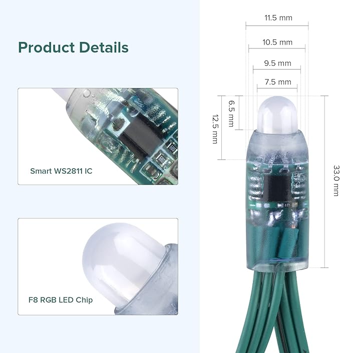 BTF-LIGHTING WS2811 Diffused Digital RGB LED Pixel String Light 12mm Individually Addressable Round LED Module 50pcs/String IP68 Waterproof DC12V Green Wire