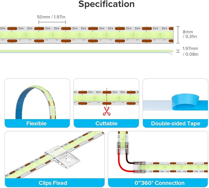 6.56FT/2M 5V USB LED Light Strip Ice Blue Flexible High Density COB Strips 640LEDs, 8mm LED Tape for Under Cabinet Bedroom No Controller and Power