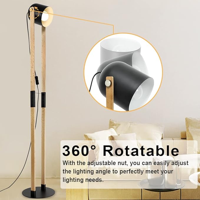 Depuley Modern Floor Lamp, Wooden and Metal Floor Lamps for Living Room, 360° Heads Rotatable Standing Light with Pressure Switch, Reading Lamp for Bedroom Office Decoration, E26 Bulb Included