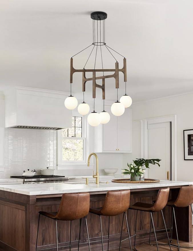 Large Black Farmhouse Wood Chandelier, 6-Lights Rustic Dining Room Light Fixtures Over Table Hanging, Industrial Milk Glass Globe Chandelier for Kitchen Island Living Entryway Stairwell