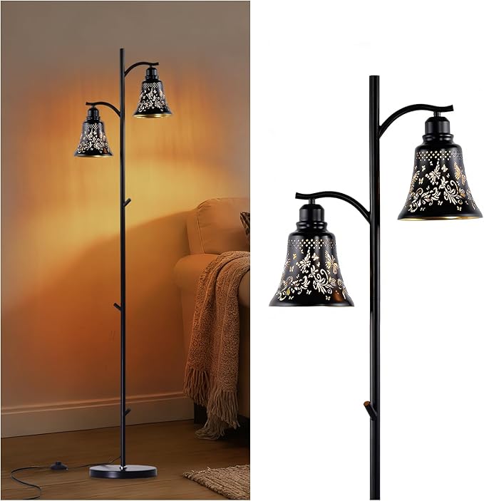 64.56" Tall Rustic Floor Lamp,2-Light Tree Gothic Black Metal Butterfly Lampshade Farmhouse Floor Lamps for Living Room,Western Standing Floor Light for Bedroom,Home,Office,Corner,Bar