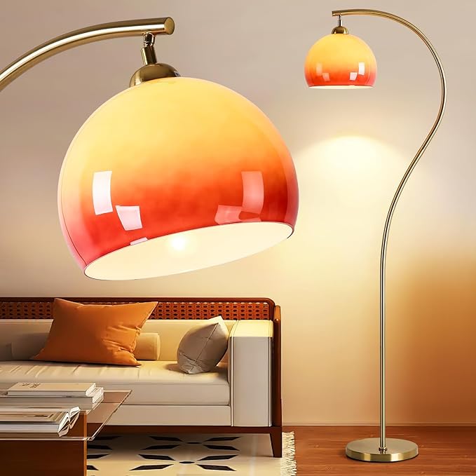 Arc Floor Lamp with Sunset Orange Glass Shade, Atmosphere Mid-Century Modern Mushroom Tall Lamp, Gold Vintage Floor Lamp for Living Room Corner Bedroom, Bulb Included, Orange Gold