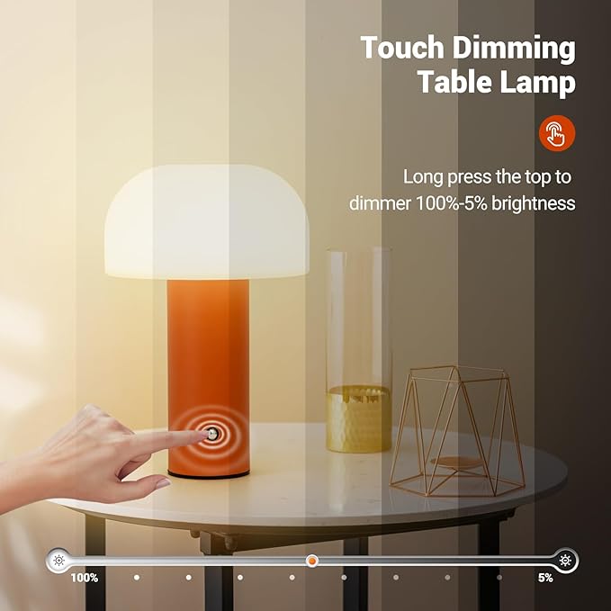 Cordless Mushroom Table Lamp Rechargeable,4000mAH Portable Battery Operated Lamp,3 Color Stepless Dimming Modern Lamps for Bedside Lamps,Touch Dimming Night Light for Home/Restaurant Orange