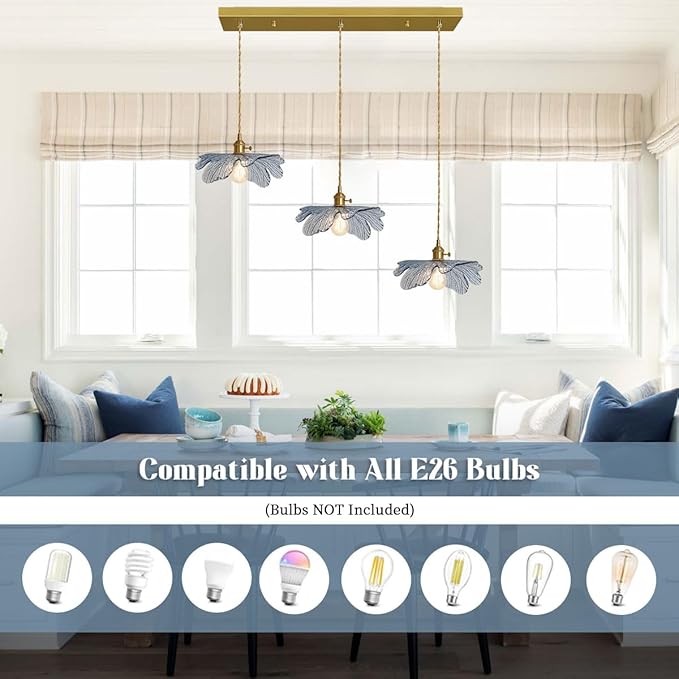3 Light Pendant Lighting Blue Glass Pendant Light Brushed Brass Pendant Light fixtures Vintage Farmhouse Chandelier Hand Blown Hanging Light for Kitchen Dining Room Bedroom