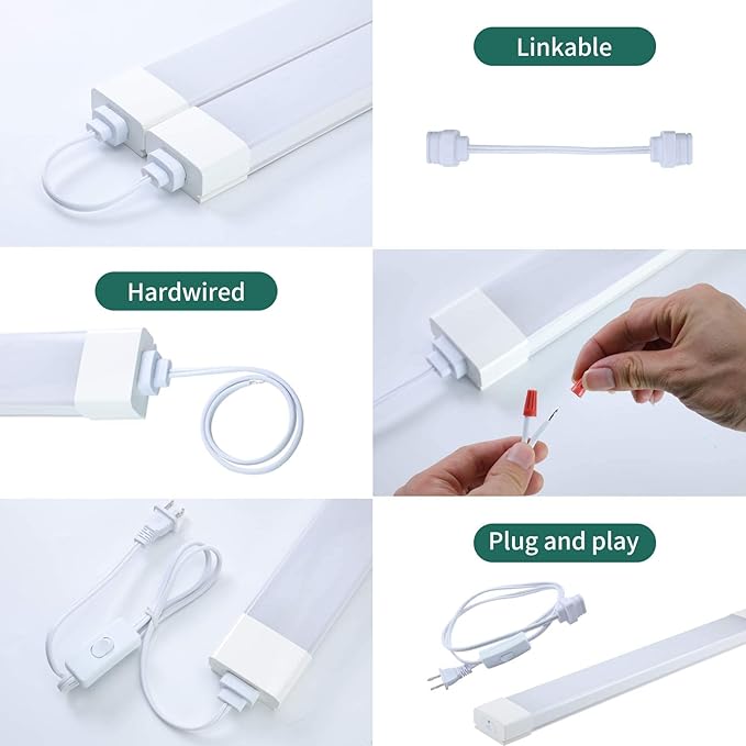 KUKUMAO Utility LED Shop Light Fixture with Plug 4FT 5000K 36W 3600LM Linkable Waterproof Closet Light Under Cabinet Light Ceiling Tube Light for Garage Kitchen Bathroom Workbench and Office(2 Pack)