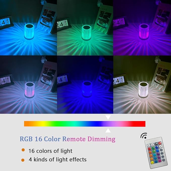 Portable Crystal Table Lamp,3 Color Touch Control Rechargeable Lamp,3-Levels Brightness Room Decor Desk Lamp (16 Color)