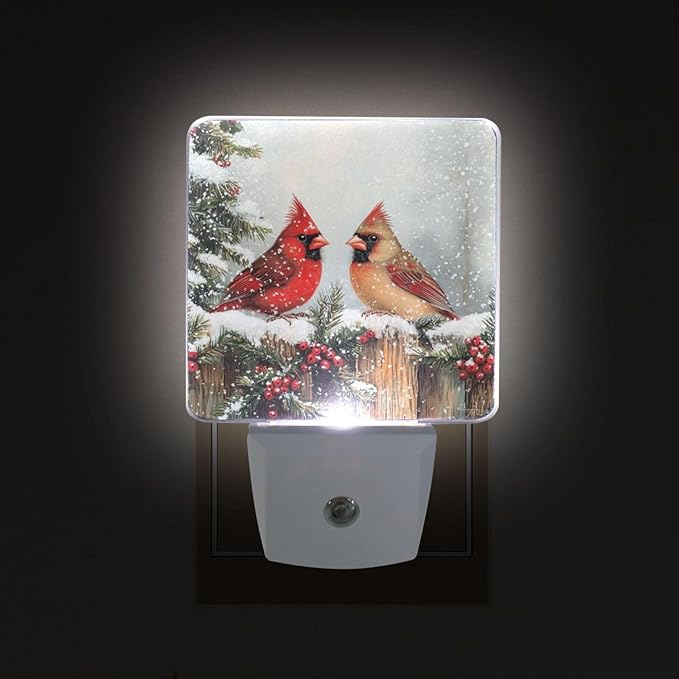 Christmas Winter Red Birds Night Light 2 Pack Dusk to Dawn Sensor Led Lamp for Women Men Night Lights Plug into Wall Decor for Bedroom Kitchen Bathroom Corridor, 0.5W