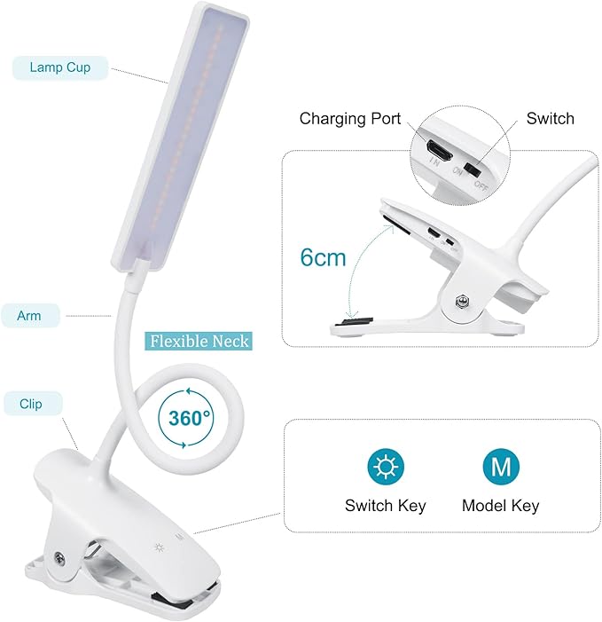 deaunbr LED Reading Light with Clip USB Rechargeable Book Lights, Eye Protection 24 LEDs Flexible Neck Night Bed Lamp, Touch Control Portable Clamp Desk Lamps for Bed Headboard, Computers
