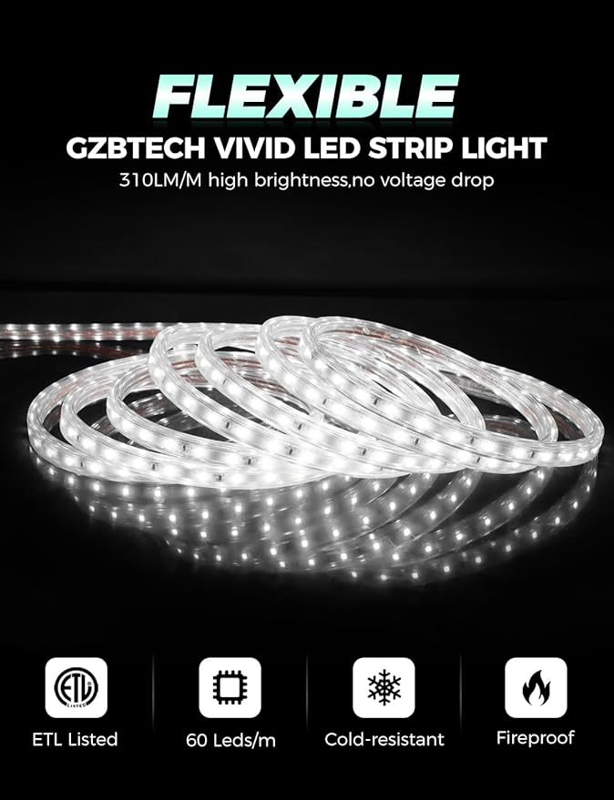 GZBtech AC 110-120V LED Strip Lighting 16.4FT/5M, 6000K Cool White IP65 Waterproof Outdoor Strip Lights, 60LEDs/M SMD2835 Cuttable & Connectable LED Rope Light for Indoor Outside Exterior, ETL Listed
