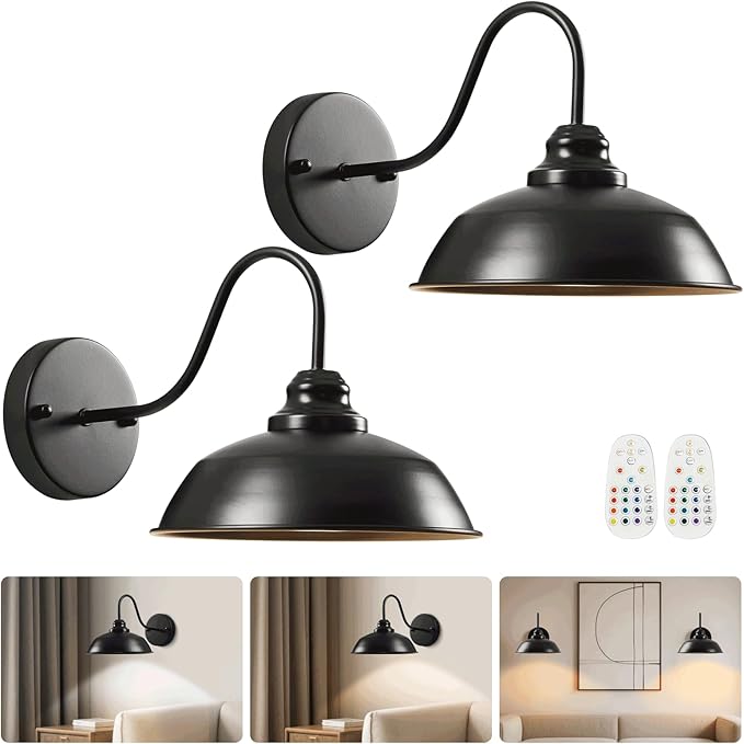 Battery Operated Wall Sconces Set of Two, Black Wireless Wall Lights with Remote and Dimmable Bulbs for Bedroom/Living Room/Farmhouse, Rechargeable Vintage Gooseneck Wall Decor Lamp