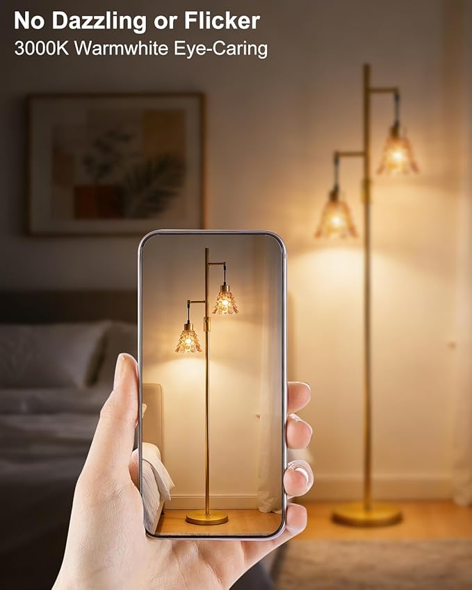 2-Light Glass Floor Lamp, Gold Tall Standing Lamps Dimmable with Brown Glass Lampshade, 3000K Warmwhite Mid Century Modern Floor Lamp for Living Room/Bedroom/Sofa Beside/Home Decor