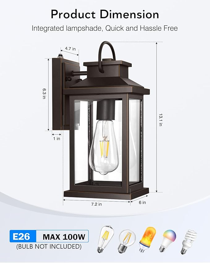 VIANIS Dusk to Dawn Outdoor Light Fixtures Wall Mount, Farmhouse Oil Rubbed Bronze Exterior Wall Sconce Lanterns Lighting for House, Waterproof Outside Front Door Light with Tempered Glass for Porch