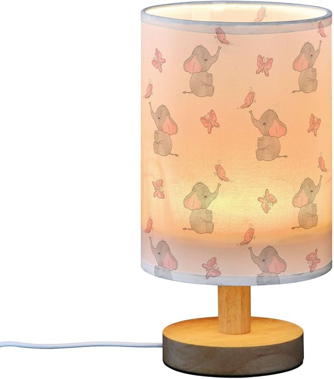 Cute Elephant Baby Play Nightstand Lamp with Wood Base Fabric Shade for Living Room Bedroom Kids Room Office