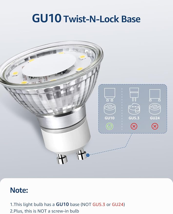 Lepro Non-Dimmable GU10 LED Light Bulbs, 2700K Soft Warm Light GU10 Bulb Replacement for Recessed Track Lighting, 4W LED Bulbs with 100°Flood Beam for Kitchen, Range Hood, Living Room, Bedroom, 3 Pack