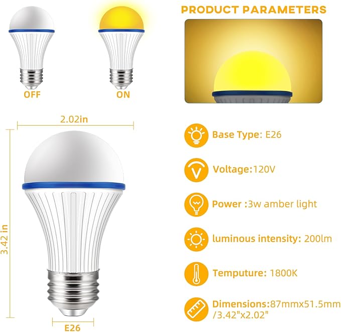 KINUR A15 3W Low Watt Amber Lights - Warm Light Bulbs for Sleep and Baby Nursery - 25W Equivalent - E26 Medium Base -4 Pack