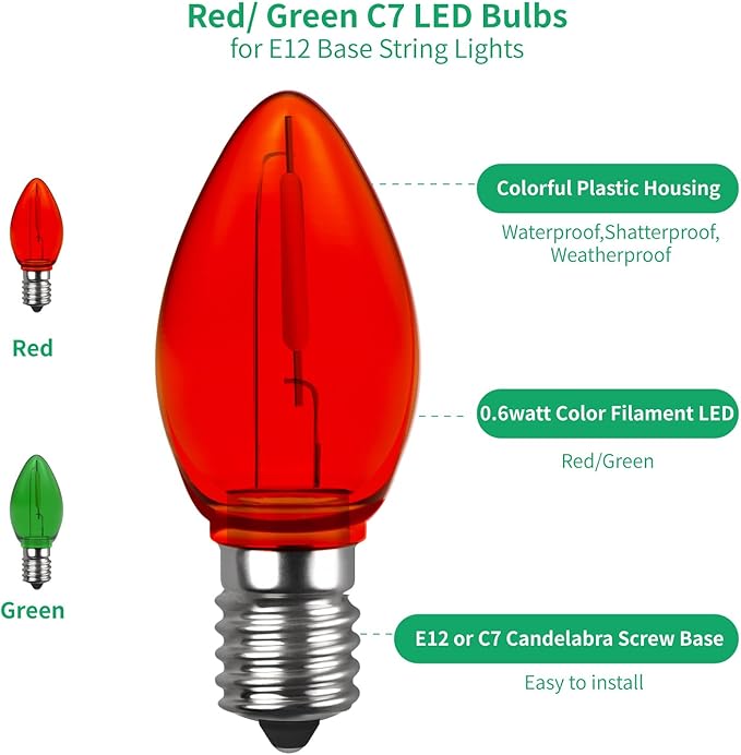 Meconard C7 Led Replacement Christmas Light Bulb, C7 Shatterproof Led Bulbs for Christmas Indoor Outdoor String Lights, E12 Candelabra Base Red Light Bulbs Green Light Bulb, 25 Pack