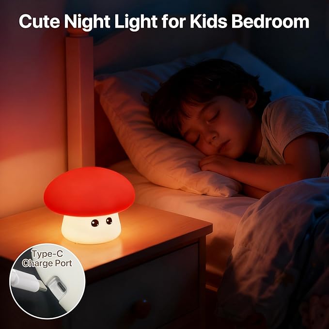 Cute Mushroom Night Light for Kids Rechargeable, Battery Operated Nightlight 3 Level Dimmable with RGB&Timer, Silicone Touch Nursery Lamp for Baby Girls Boys Bedroom Gifts