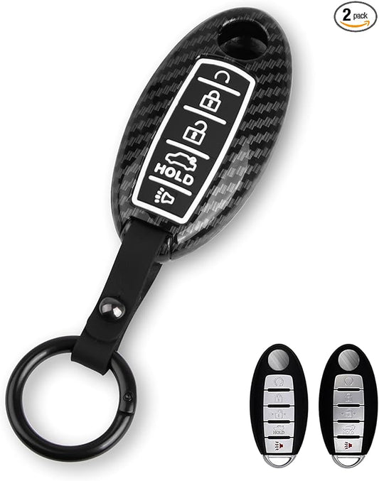 Xotic Tech Smart Key Fob Shell Full Cover Case Keychain Compatible with Nissan Maxima Murano Altima GT-R 370Z Rogue or Infiniti JX35 Q50 Q60 Q70 QX60, Carbon Fiber ABS Silicone Night-Luminous Black