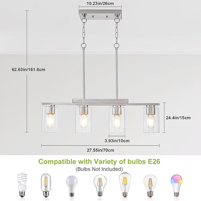 WILON Kitchen Island Lighting, 4 Lights Nickel Sand Linear Chandeliers Modern Farmhouse Chandelier with Glass Shades for Kitchen Island Living Dining Room Foyer Bedroom(Brushed Nickel,4 Lights)