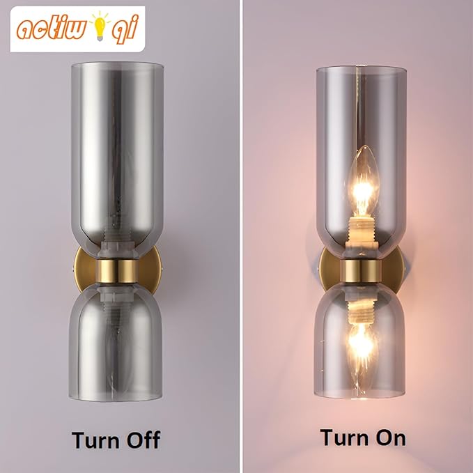 Mid Century Modern Wall Sconce, Gold Wall Light Set of Two 2-Light Modern Wall Lamp Smoke Grey Shade Wall Light for Restaurant Living Room Bedside Stairs Bathroom Mirror (Gold+Smoke Grey)