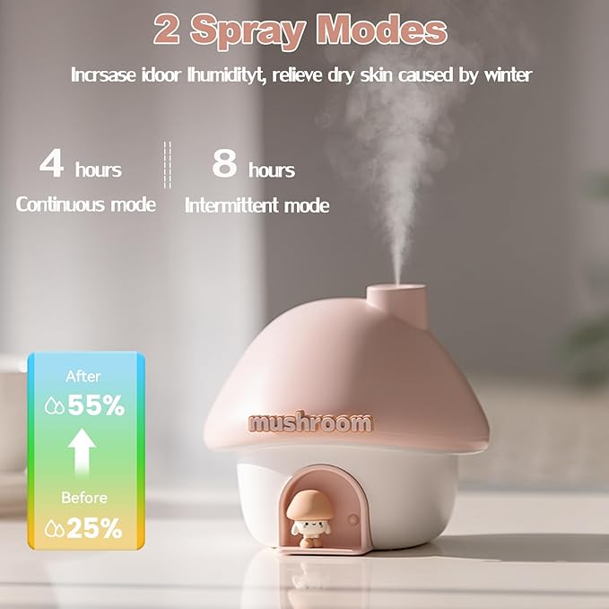 Humidifier for Bedroom, 300ML Cute Mushroom Humidifier with Night Light & 6 Colors Sunset Lamp Projection, Rechargeable Cool Mist Small Humidifier, Mini Humidifier Gifts for Kids Boys Girls (Pink)