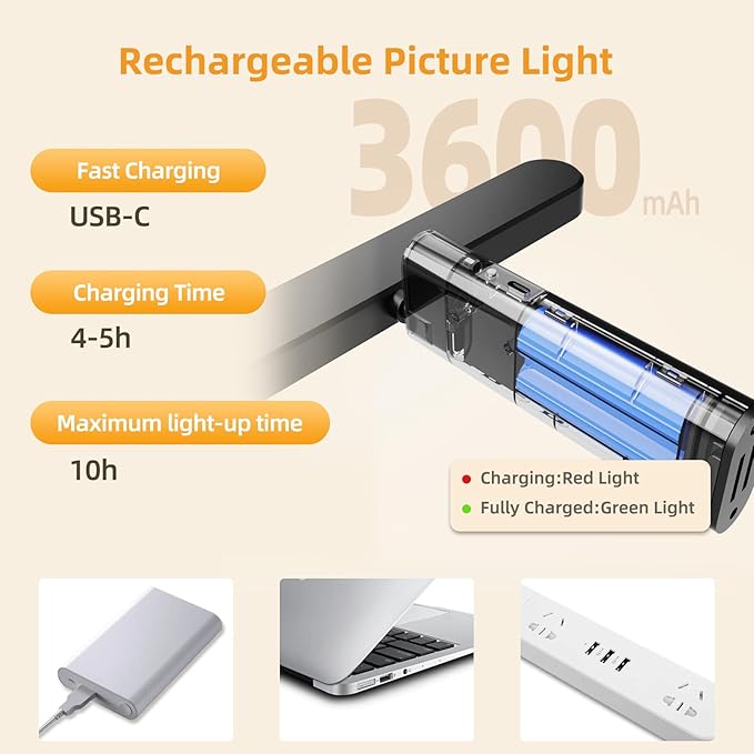 Battery Operated Wireless Picture Light，Rechargeable 10.24inch Mini Painting Display Light,Remote Control Wall Lights with Three Modes and Timing for Art Frame 1 Pack (1)
