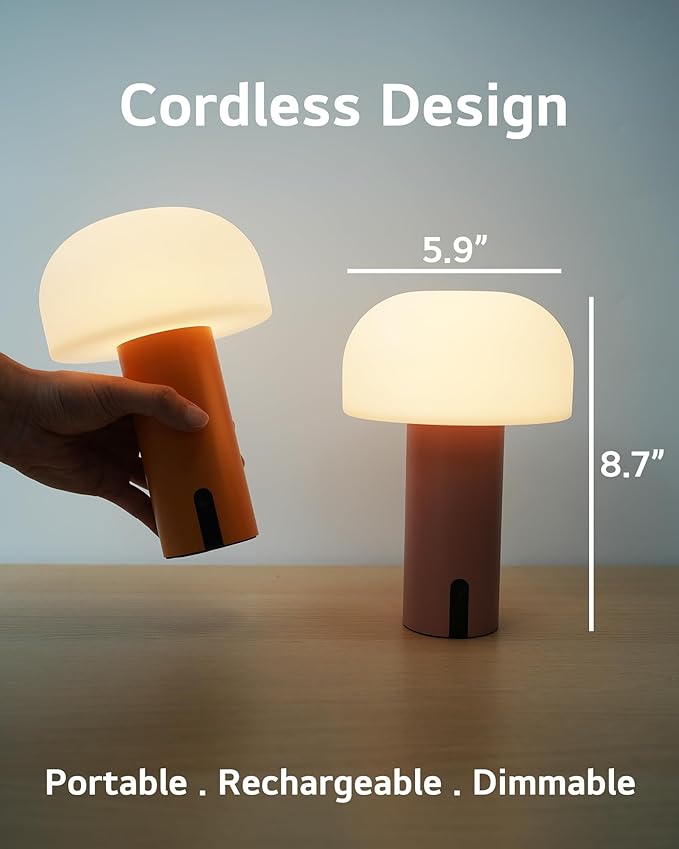 Outdoor Mushroom Table Lamp Rechargeable, Cordless Lamps for Patio Waterproof, Portable Battery Operated Lamp with USB Charging, Touch Dimming Night Light for Home/Porch/Restaurant (Orange)