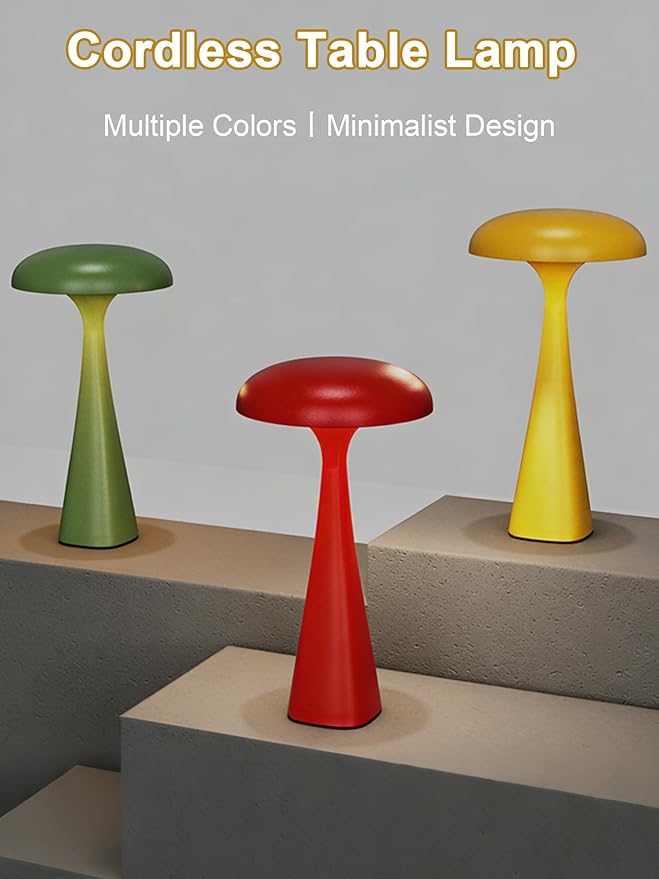 Cordless Table Lamp,Touch LED Reading Light,Cute Desk Lamp with 3 Colors Dimmable,Rechargeable Small Mushroom Lamp,Vintage Aesthetic Lamp for Bedroom Living Room Dorm Decor(Yellow)
