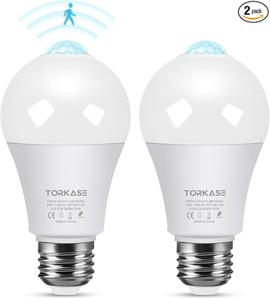 Motion Sensor Light Bulbs, 13W (100Watt Equivalent), Motion Activated Dusk to Dawn Security LED Bulb, 5000K Daylight, Energy-Efficient, for Indoor and Outdoor Lighting, Porch, Stairs, Hallway 2Pack