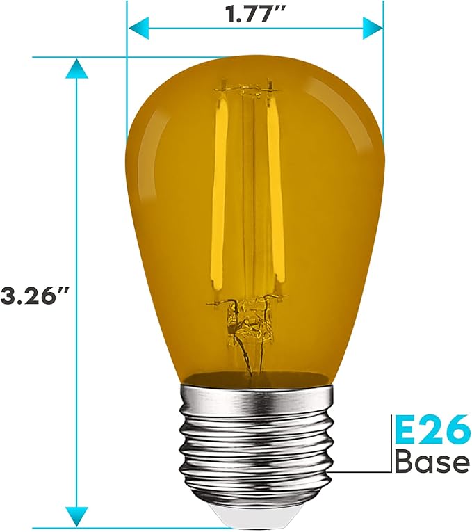 LUXRITE S14 Edison LED Yellow Light Bulbs, 0.5W, Colored LED Bulbs for Outdoor String Lights, UL Listed, E26 Base, Indoor Outdoor, Decoration, Party, Holiday, String Light Replacement Bulbs (6 Pack)