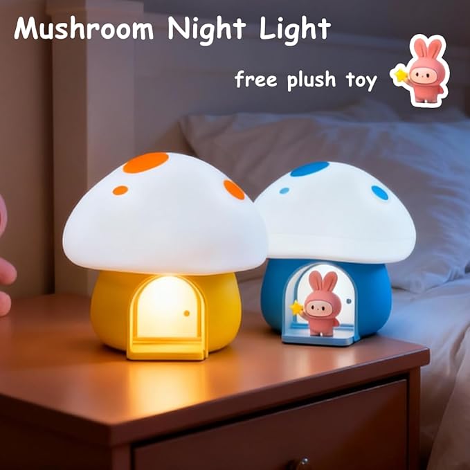 Kids Night Light, Kawaii Bunny Mushroom House Silicone Night Light with Tap Control, 3-Step Dimmable, 30/60 Min Auto-Off Timer, Rechargeable Bedside Nursery Lamp (Yellow)