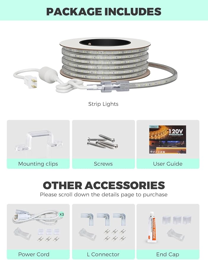 GZBtech AC 110-120V LED Strip Lighting 66FT/20M, 2800K Warm White IP65 Waterproof Outdoor Strip Lights, 60LEDs/M SMD2835 Cuttable & Connectable LED Rope Light for Indoor Outside Exterior, ETL Listed