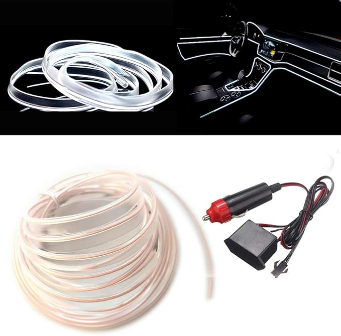MaxLax White EL Wire Car Interior LED Kit - 16.4ft Flexible neon-Style Wire with 12V Fused Power Supply. Features 6mm Reinforced Edge for Easy auto Installation