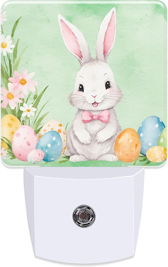 Easter Bunny Eggs Floral Night Light for Kids,Dusk-to-Dawn Auto Sensor Easter Rabbit Flowers Plug in Night Light,0.5W Energy Saving Non-Toxic for Bedroom/Bathroom,Ideal Gifts for Women Men