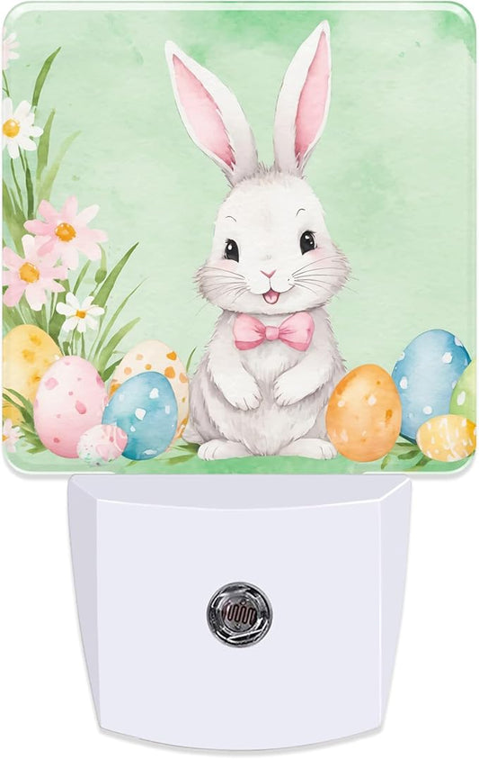 Easter Bunny Eggs Floral Night Light for Kids,Dusk-to-Dawn Auto Sensor Easter Rabbit Flowers Plug in Night Light,0.5W Energy Saving Non-Toxic for Bedroom/Bathroom,Ideal Gifts for Women Men
