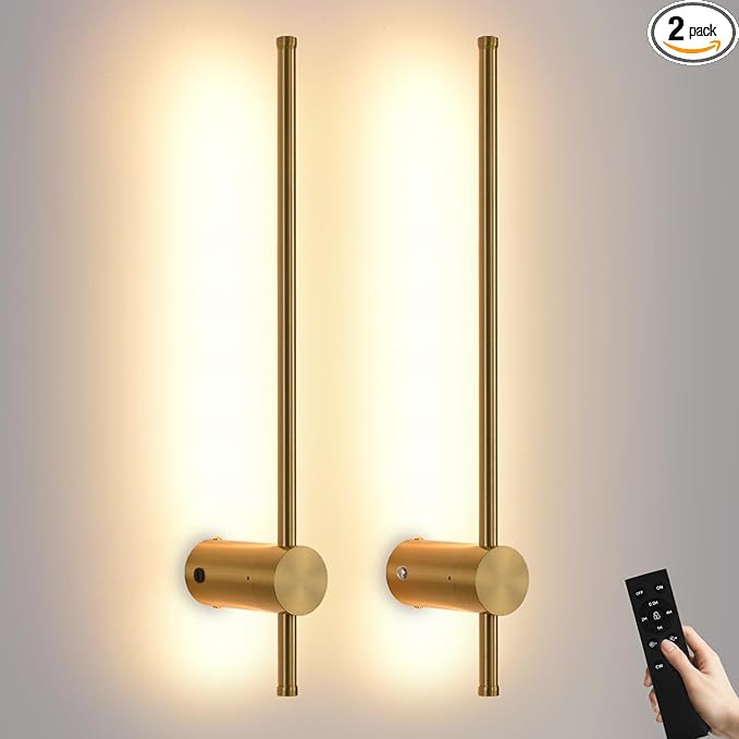 Battery Operated Wall Sconce USB Rechargeable Sconces, 23.6" Brushed Gold Wireless Wall lamp Set of 2, 3000K-6000K & Dimming with Remote Control, LED Wall Lights for Living Room, Bedroom