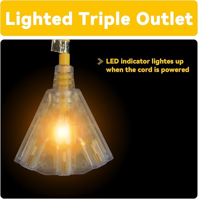 EP 20 Ft 12 Gauge Heavy Duty Extension Cord, 15A 125V 1875W, 3 Outlet Indoor/Outdoor Power Cord with Lighted End, 12/3 SJTW Weatherproof Yellow, UL Listed