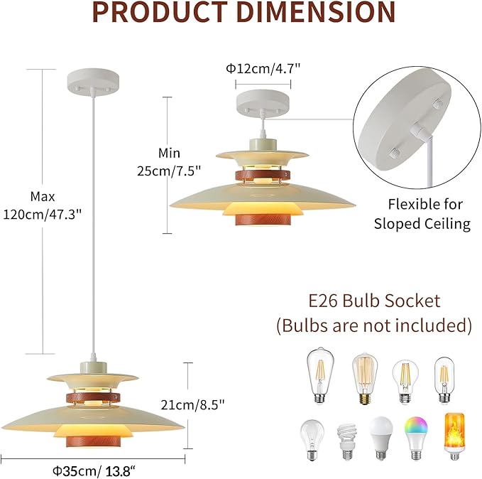 Modern Decor Adjustable Pendant Lamp Kitchen Island, Aluminum and Wood Finish,1-Light E26 Base Ceiling Hanging Light for Dining Room Shop Restaurant (Beige+Dark Wood Grain, 35cm)