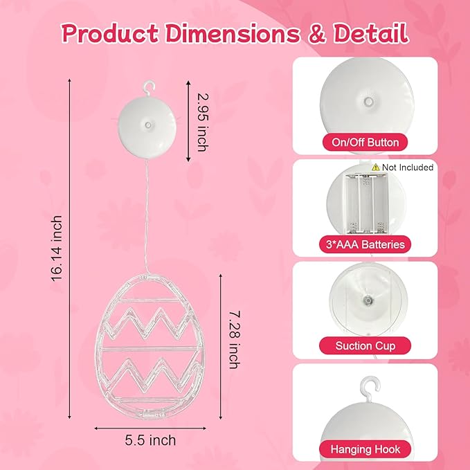 Easter Window Lights Decorations, 3 Pack Easter Hanging Window Decor Pink Yellow Blue Egg Lights with Suction Cup, Indoor Battery Operated Egg LED Holiday Lamp for Home Door Window (Pink Yellow Blue)